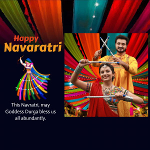 Couple celebrating Navaratri with Dandiya sticks and a traditional dancer.