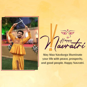 A man celebrating Navratri with dandiya sticks and festive text.
