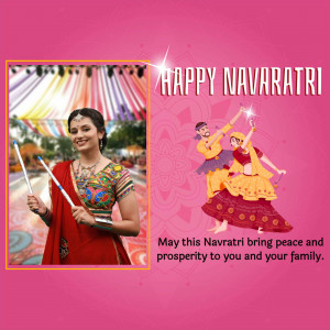 Navratri celebration with a woman holding dandiya sticks and a couple dancing