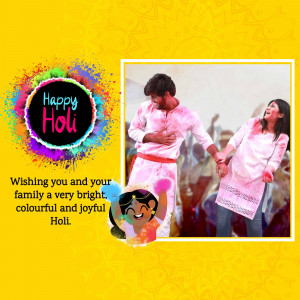 Couple celebrating Holi with colors and a festive greeting.