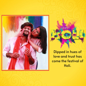 A couple celebrating Holi with vibrant colors and a festive greeting.