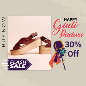 Red platform sandals with Gudi Padwa festive decorations and a 30% off sale announcement.