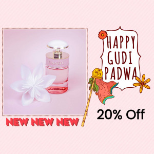 Perfume bottle with Gudi Padwa decorations and a sale announcement