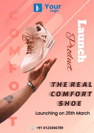 Image of a hand holding a light pink shoe with launch details.