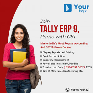 Image of a student promoting a Tally ERP 9 and GST course.