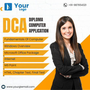Image advertising a DCA (Diploma in Computer Application) course with a student portrait.