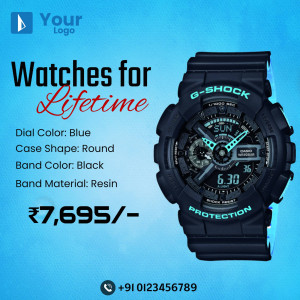 Black G-Shock watch with blue dial and details