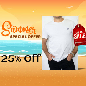 Man wearing a white t-shirt with a sale tag, promoting a summer special offer.