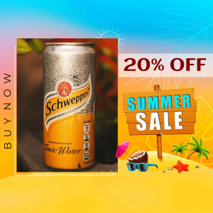 Schweppes Tonic Water can with a summer sale promotion