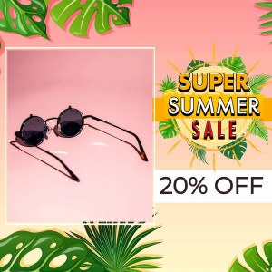 Sunglasses on a pink background with a summer sale promotion.