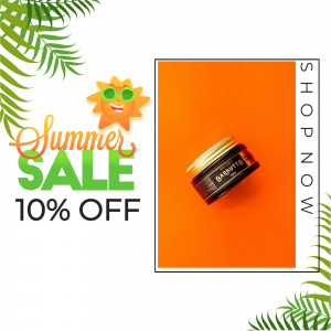 Summer sale advertisement featuring a jar of product and a sun graphic.
