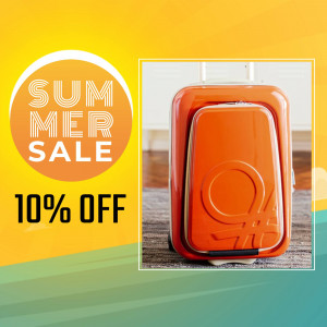 Orange suitcase with a summer sale promotion
