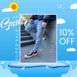 Man wearing jeans and sneakers with summer sale promotion