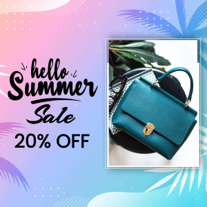 Summer sale advertisement featuring a teal handbag and sunglasses.