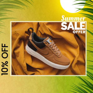 Close-up of brown and white sneakers with a summer sale banner.