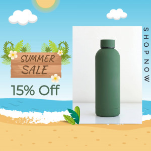Green water bottle with a summer sale promotion in the background.