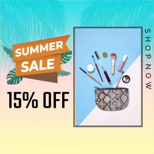 Summer sale promotion featuring makeup products and accessories.
