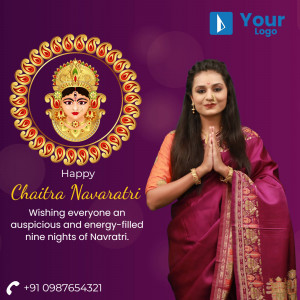 Image depicting a woman in traditional attire with a Navratri background featuring Goddess Durga.