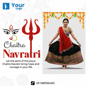Chaitra Navratri festival poster with a woman in traditional attire and a trident symbol.