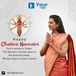 Woman in traditional attire wishing Happy Chaitra Navratri