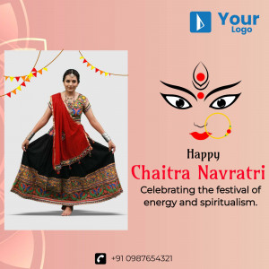 A festive image wishing Happy Chaitra Navratri with a woman in traditional Garba attire and a Durga face illustration.