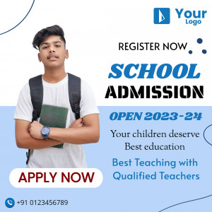 School admission advertisement featuring a student with a backpack
