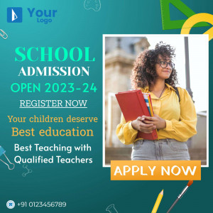 School admission advertisement featuring a student with books.