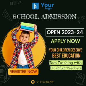 School admission advertisement featuring a child with books and details for registration.