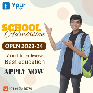 School admission advertisement featuring a student with backpack