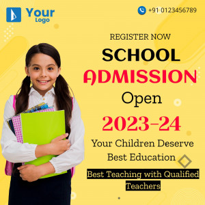 School admission advertisement featuring a young girl with books.