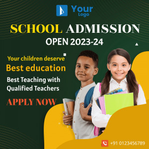 School admission advertisement featuring children and details for the academic year 2023-24.