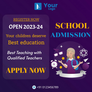 School admission advertisement for the academic year 2023-24 with a student illustration.