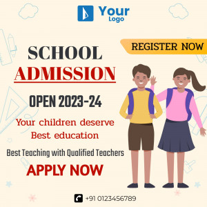 School admission advertisement with children and registration details