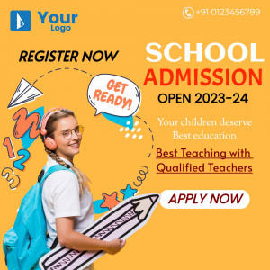 School admission advertisement featuring a student with a backpack and pencil.