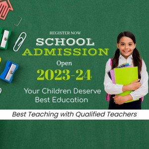 School admission advertisement featuring a young student with school supplies.