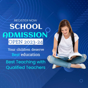 A young student with a backpack reading a book, promoting school admissions.
