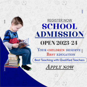 A young boy reading a book while sitting on a stack of books, promoting school admissions.