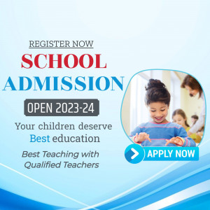 School admission advertisement for the academic year 2023-24 featuring a child learning.