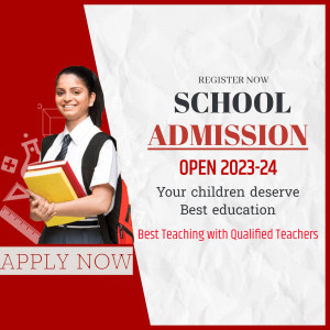 School admission advertisement featuring a student with books.
