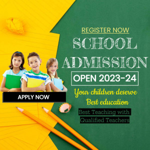 School admission advertisement with children and school supplies