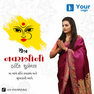 Woman in traditional attire with a Navratri background