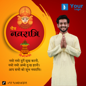 A man in traditional attire wishing Happy Navratri with a Durga image in the background.