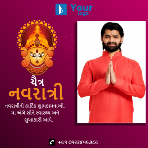 Navratri festival greeting with a man in traditional attire and Goddess Durga image.