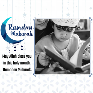 A child reading a book with a Ramadan crescent moon and decorations.
