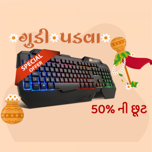Gaming keyboard with Gudi Padwa decorations and a 50% off offer.