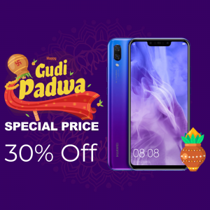 Huawei smartphone with Gudi Padwa festival decorations and a 30% off offer.