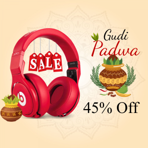 Red headphones with a Gudi Padwa sale promotion