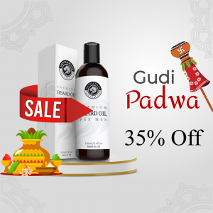 Beard oil bottle with Gudi Padwa decorations and a sale offer.