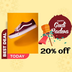 Image of maroon sneakers with a Gudi Padwa promotional banner.