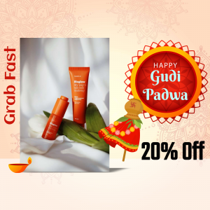 Skincare products with Gudi Padwa festive decorations and a 20% off offer.